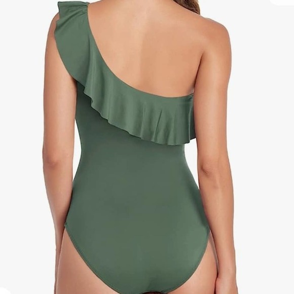 Hilor‎ One Shoulder One Piece Swimsuit 16 Olive Green Asymmetrical Ruffle - Picture 2 of 12